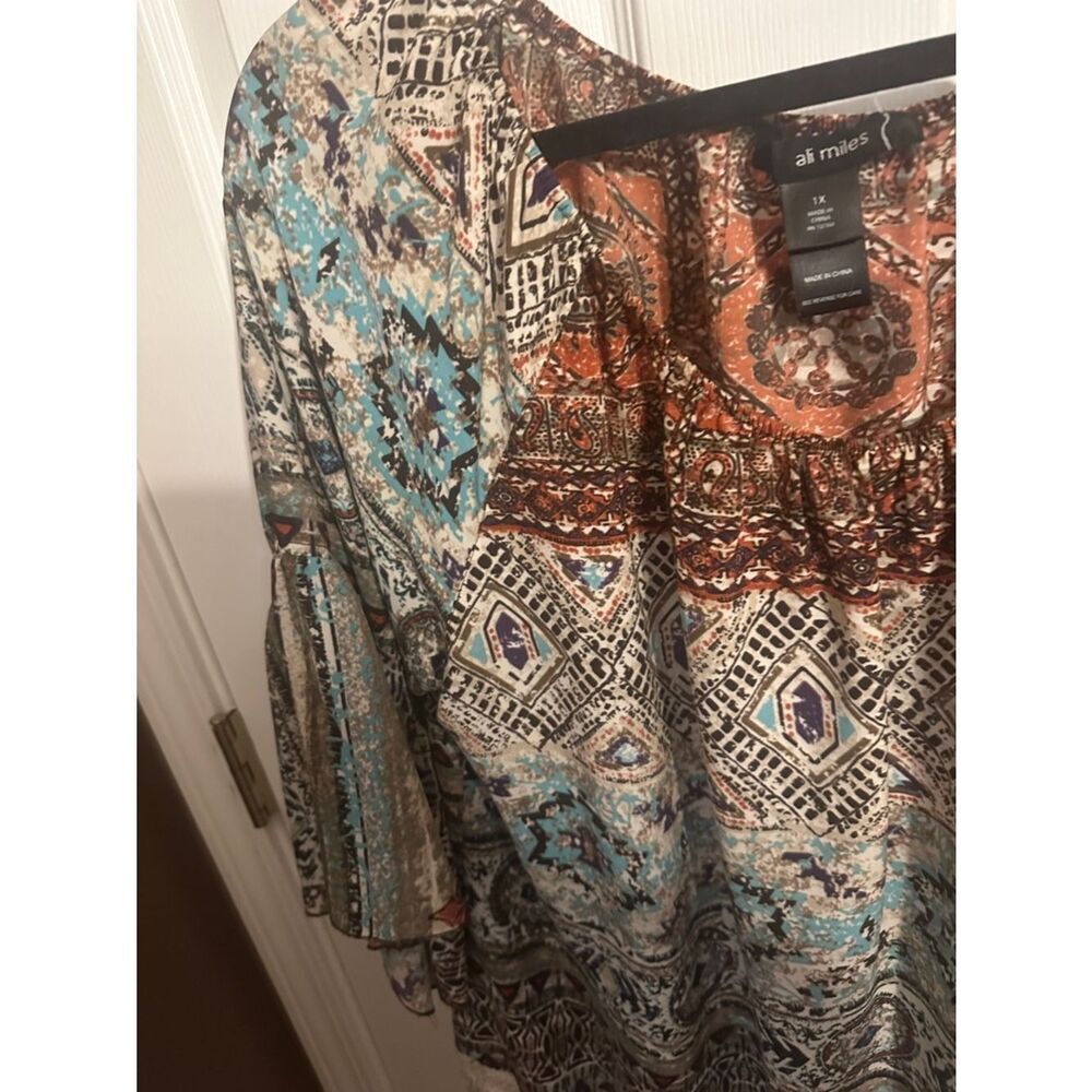 Ali Miles Boho Printed Fringe-Hem Peasant Top in Multicolor 1x - Picture 6 of 9